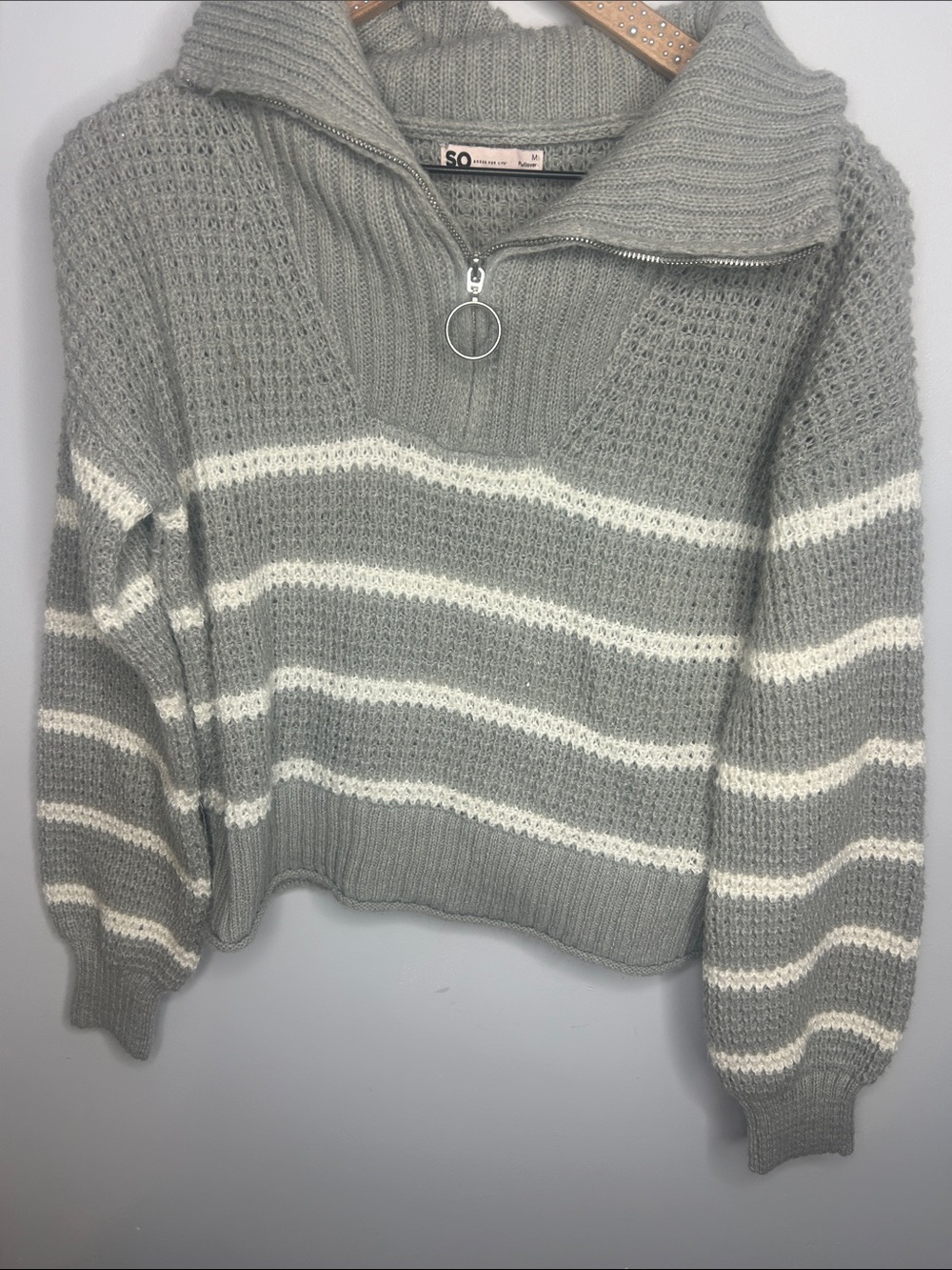 SO Gray & White Striped Half-Zip Turtleneck Sweater